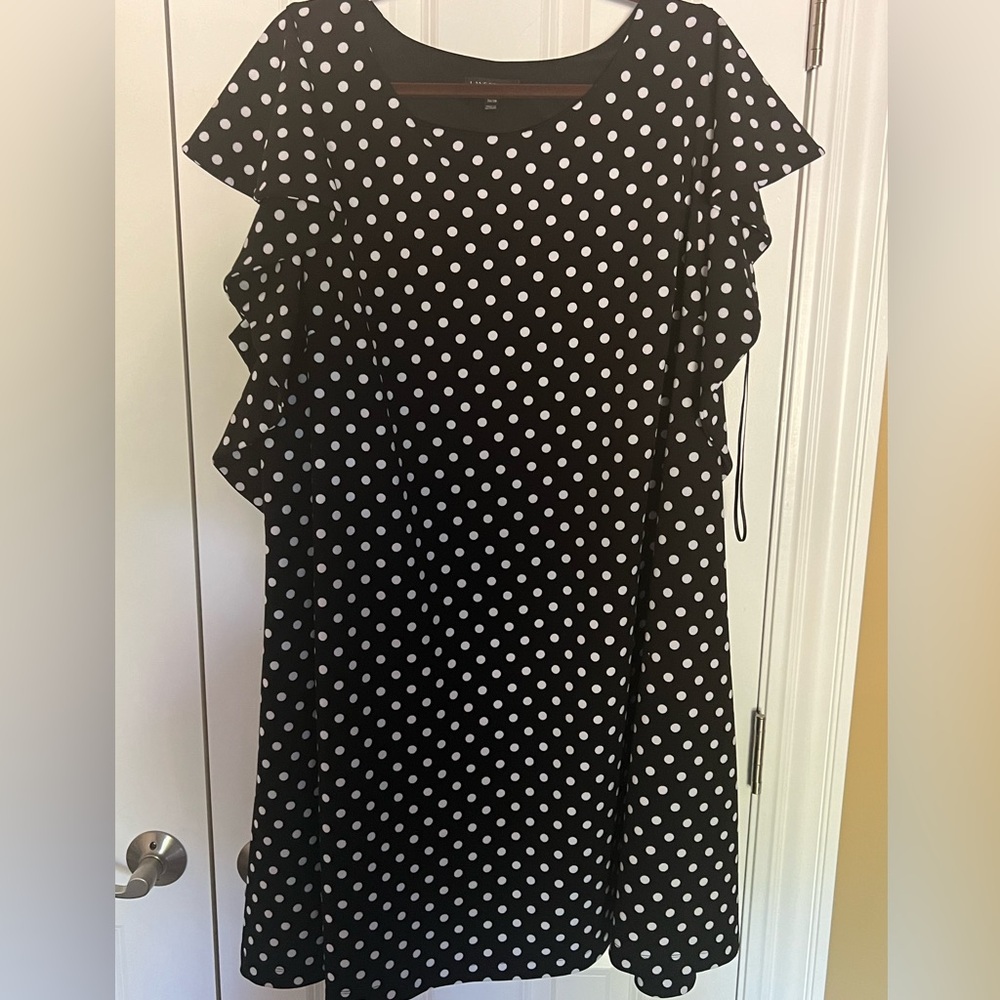 Lane Bryant sz 26/28 Knit Dress black & white polka dots short ruffle sleeve